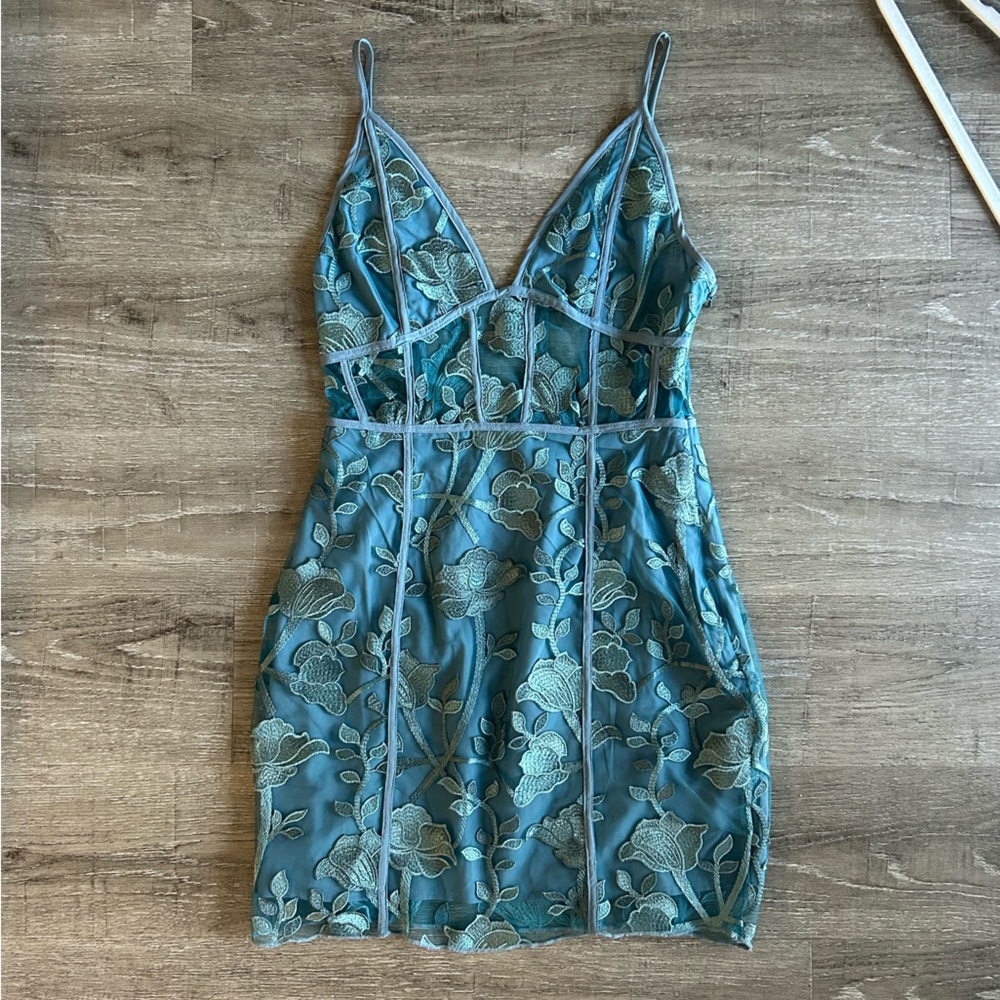 Teal Floral Lace Embroidered Slip Dress Floral Homecoming Dress